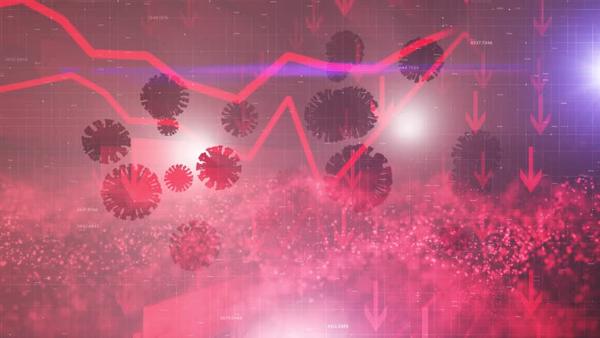 Business crisis shown with red arrows facing down infographic with coronavirus covid-19 finance animation background.