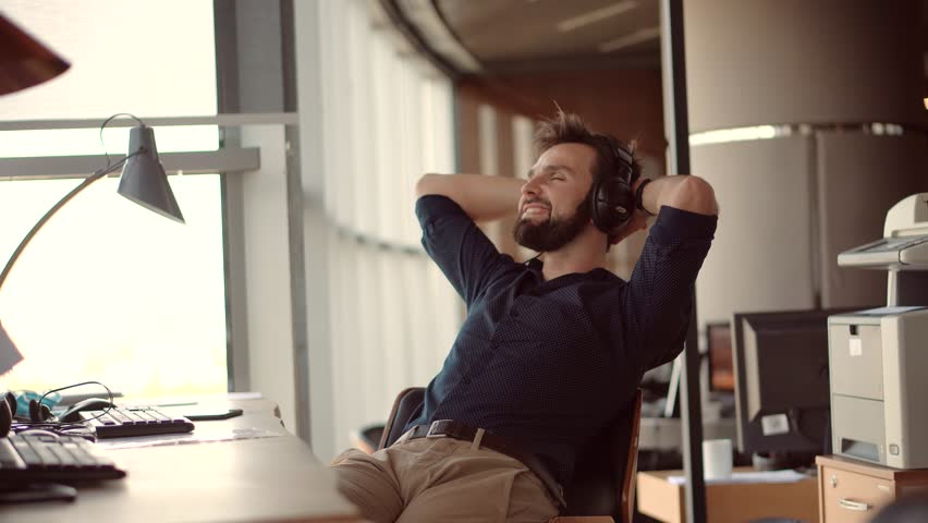 Calm Businessman Cozy Daydreaming In Office.Peaceful Boss Feeling No Stress Lounging Dreaming On Workplace. Comfortable Chair In Office.Happy Satisfied Man Taking Break Leisure. Lazy Time On Workplace | Shutterstock HD Video #1111916161