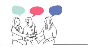Continuous one line animation video of three business people chatting and discussing with speech bubbles. Happy Friends or Family meeting with handshake and chatting with speech bubbles. 4k videos - Powered by Shutterstock - Get 15% off with code: PIKWIZARD15