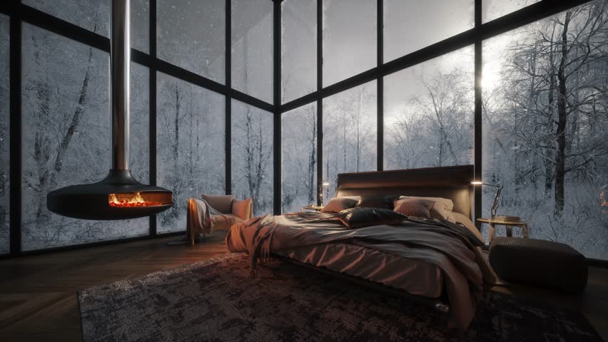 Cozy bedroom with large windows. Snowstorm in forest outside the window. 3d animation | Shutterstock HD Video #1111917475