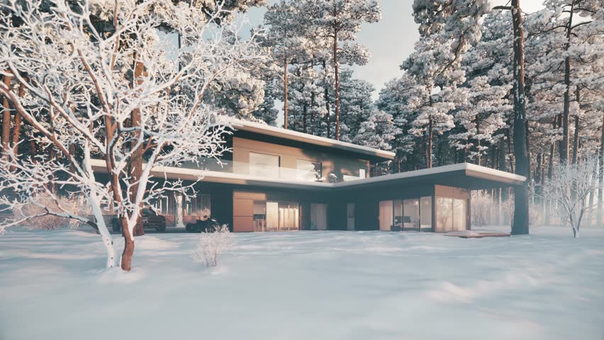 Cozy house in a winter forest covered with snow. Sunrise in a winter forest with pines. Modern residential house in winter forest. Snow covered wooden house. 3d animation | Shutterstock HD Video #1111917479