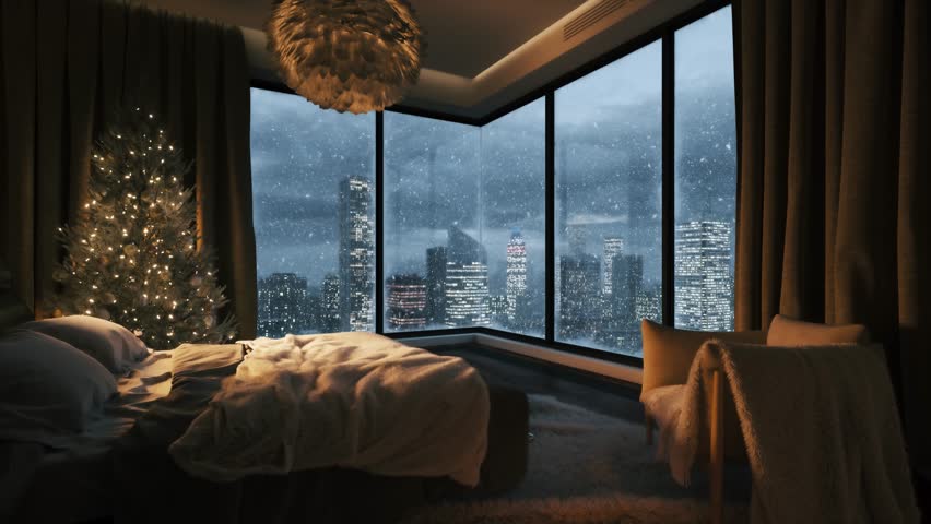 Cozy bedroom with snow outside the window. View from bedroom to the night city. Cozy bedroom with beautiful city view. Snowstorm at the night cityscape. 3d animation | Shutterstock HD Video #1111917481