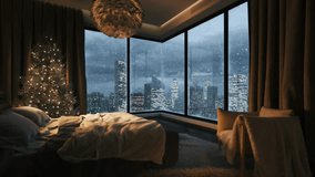 Cozy bedroom with snow outside the window. View from bedroom to the night city. Cozy bedroom with beautiful city view. Snowstorm at the night cityscape. 3d animation - Powered by Shutterstock - Get 15% off with code: PIKWIZARD15