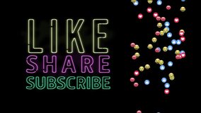Animation of neon like share subscribe texts with emoji icons on black background. Social media, communication and digital interface concept digitally generated video. - Powered by Shutterstock - Get 15% off with code: PIKWIZARD15