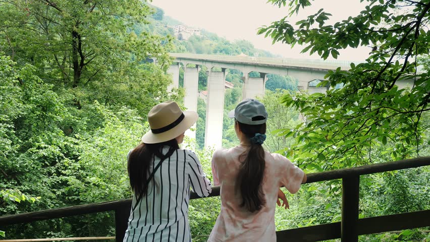 Two girls are looking at a beautiful landscape. Mom and daughter. Summer in the park. A bridge for cars across the mountains. | Shutterstock HD Video #1111919549