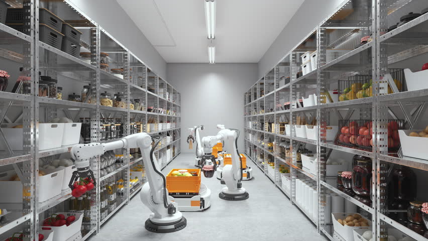 3d Rendering of Storage Room Of A Restaurant Or A Cafe With Robot Arms Preparing Foods, Healthy Eating, Fruits And Vegetables. Royalty-Free Stock Footage #1111921563