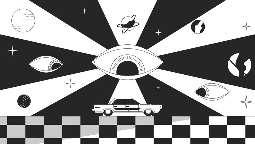 Trippy eyes watching over car riding bw outline 2D animation. Psychedelic road trip 60s 4K video motion graphic. Cosmic, groovy roadtrip hippie festival monochrome linear animated cartoon flat concept Royalty-Free Stock Footage #1111922017