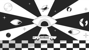 Trippy eyes watching over car riding bw outline 2D animation. Psychedelic road trip 60s 4K video motion graphic. Cosmic, groovy roadtrip hippie festival monochrome linear animated cartoon flat concept