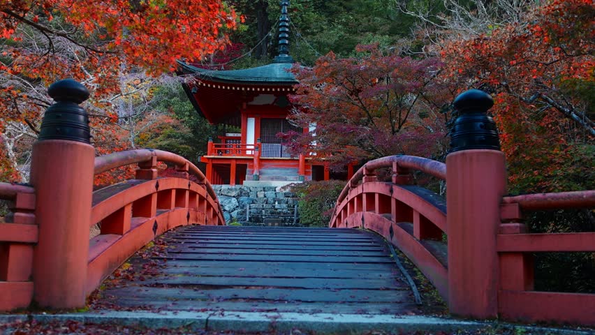 Daigo-ji temple in Kyoto in autumn, Japanese tranquil zen landscape with a temple and red maple leaves, tourism in autumn in Japan, iconic Kyoto tourist landmark