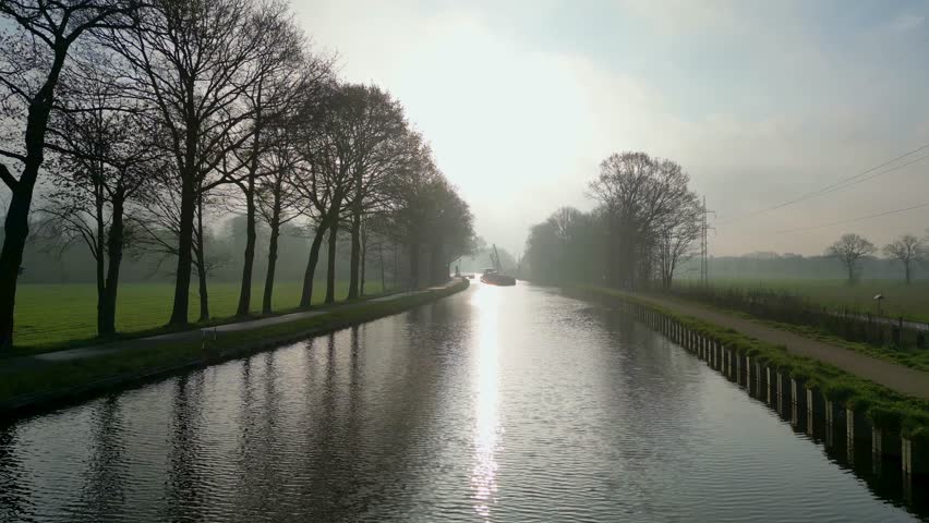 The footage presents a forward motion over a canal, heading towards a boat that lies ahead. The waterway is lined with tall, stately trees, their bare branches etching into the sky. The sun, veiled by