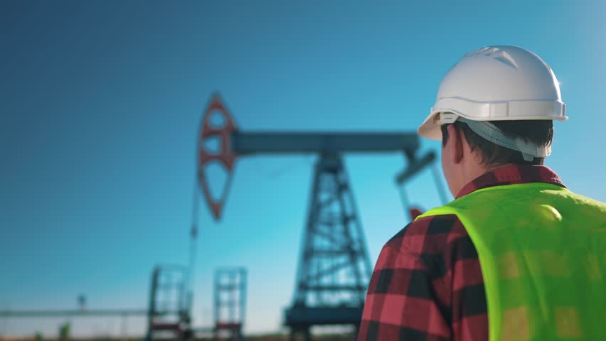 Oil business. a worker works next to an oil pump and inspecting it. lifestyle industry business oil and gas concept. engineer studying oil production and talking on the phone with a colleague | Shutterstock HD Video #1111923731