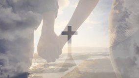 Animation of cross on mountain over midsection of diverse couple holding hands and walking at beach. Digital composite, multiple exposure, religion, crucifix, love, togetherness concept. - Powered by Shutterstock - Get 15% off with code: PIKWIZARD15