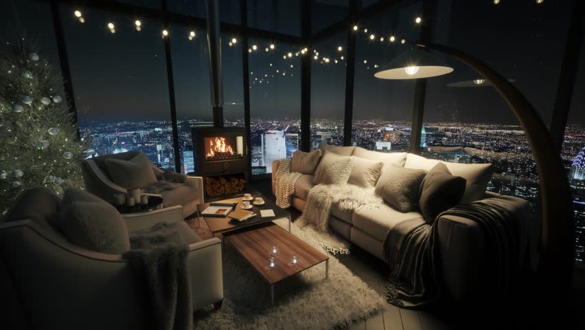 Christmas eve cozy mood in living room. Night cityscape panorama from window. 3d animation | Shutterstock HD Video #1111927073