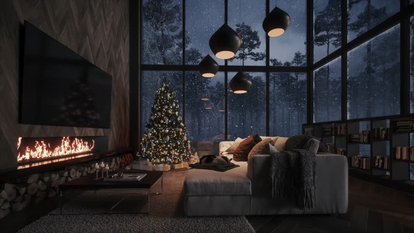 Cozy evening by the fireplace and snowing outside the window. Evening by the fireplace and Christmas tree. 3d animation | Shutterstock HD Video #1111927075