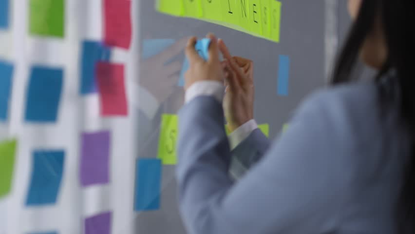 Creative young Asian woman thinking and planning a startup business with paper stickers on a transparent board. | Shutterstock HD Video #1111929953