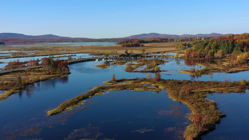 Aerial view of Fall (Autumn) foliage around ponds in upstate New York.