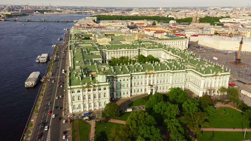 Aerial view cityscape of State Hermitage museum (Winter Palace), city center, Palace square, Neva river. Saint Petersburg,, Russia during sunny day. Former residence of Russian emperors.