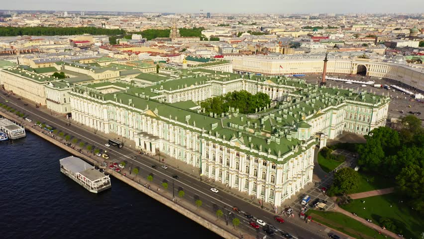 Aerial view cityscape of State Hermitage museum (Winter Palace), city center, Palace square, Neva river. Saint Petersburg, Russia. Sunny day. Former residence of Russian emperors.