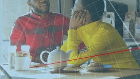 Animation of arrow of growing graph over diverse couple talking while sitting in cafes. Digital composite, multiple exposure, report, business, profit, love, discussion and togetherness concept. - Powered by Shutterstock - Get 15% off with code: PIKWIZARD15