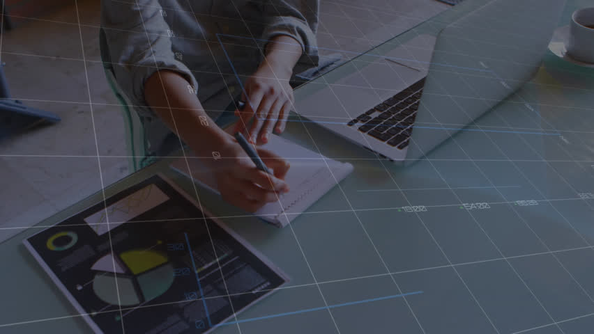 Animation of graphs and changing numbers, caucasian woman preparing reports and writing in notepad. Digital composite, multiple exposure, business, growth, profit and technology concept.