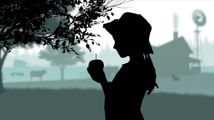 Portrait of gardener on animated graphic background with farm house and trees, isolated alpha channel. Silhouette of girl picking apple from tree branch. | Shutterstock HD Video #1111935053