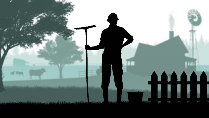 Portrait of gardener on animated graphic background with farm house and trees, isolated alpha channel. Silhouette of man farmer standing with rake and bucket. | Shutterstock HD Video #1111935055