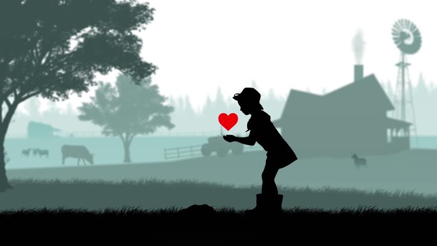 Portrait of gardener on animated graphic background with farm house and trees, isolated alpha channel. Silhouette of girl plants red heart seed, big tree grows fast. | Shutterstock HD Video #1111935057