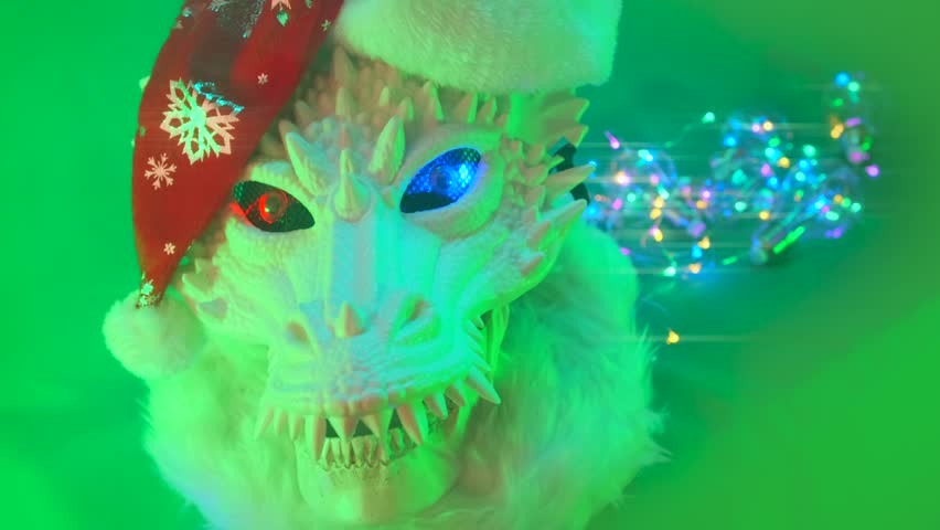 Close-up of mythical Chinese beast green wooden dragon symbol of lunar calendar 2024 soaring in the fog with glowing red and blue eyes Santa hat on its head, green background. | Shutterstock HD Video #1111935895