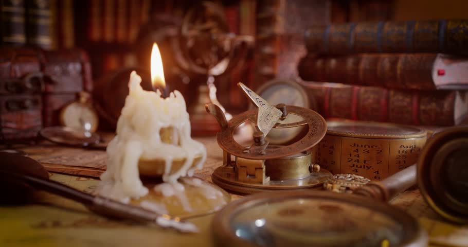 Vintage style travel and adventure. Vintage old compass and other vintage items on the table. | Shutterstock HD Video #1111936899
