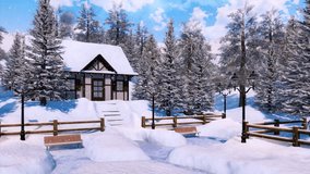 Peaceful winter scenery with cozy snowbound half-timbered rural cabin among snow covered fir tree forest high in snowy alpine mountains at frosty snowfall daytime. No people landscape 3D animation. - Powered by Shutterstock - Get 15% off with code: PIKWIZARD15