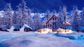 Cozy snowbound half-timbered rural cabin illuminated by Christmas lights among snow covered fir forest high in snowy alpine mountains at snowfall winter night. Calm wintry landscape 3D animation. - Powered by Shutterstock - Get 15% off with code: PIKWIZARD15