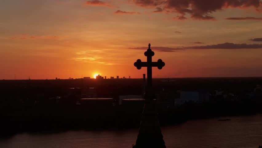 Catedral San Pedro Apostol Cross During Sunset In San Pedro de Macoris, Dominican Republic. - aerial shot | Shutterstock HD Video #1111944315