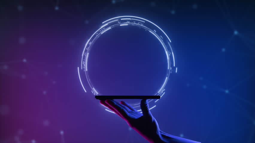 A hand holding smartphone on the neon light background. Mobile application or innovation smart app. Phone side view digital abstract background. Free copy space for name or logo text