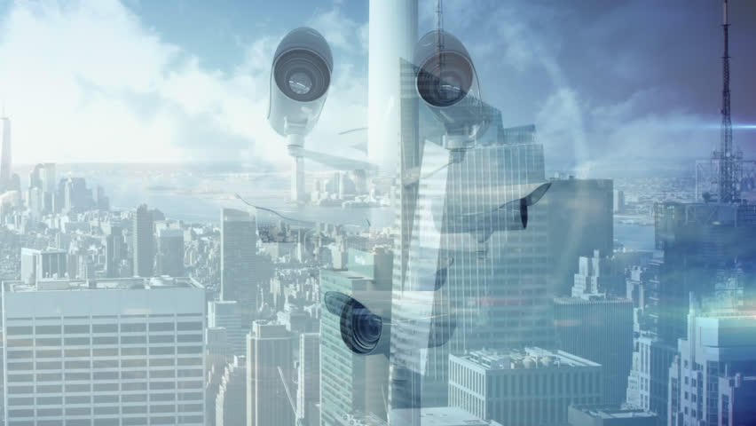 Animation of cctv cameras and data processing over city. Global surveillance, computing, digital interface and data processing concept digitally generated video. | Shutterstock HD Video #1111945475