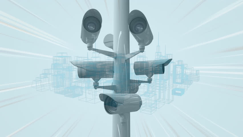 Animation of cctv cameras and data processing over city. Global surveillance, computing, digital interface and data processing concept digitally generated video. | Shutterstock HD Video #1111945495