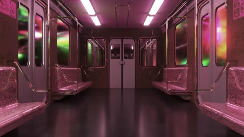 Subway car bathed in moody pink light, urban ambiance. 3D animation. Royalty-Free Stock Footage #1111947619