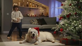Boy dances joyfully in anticipation of Christmas New Year celebrations in festively decorated room with white dog. Preparing for holiday, Xmas spirit, holidays and celebrations. Cinematic advertising