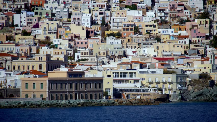 Beautiful Sea Line Close up View of Ermoupoli Town at Syros Island, Greece.