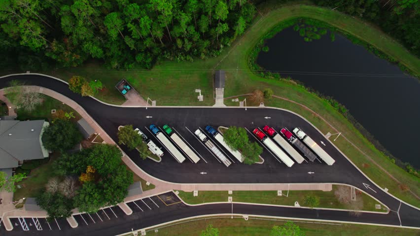 Amazing top down aerial. Rest area for semi-trucks with a focus on the future of logistics, featuring electric and eco-friendly facilities. Osceola, Florida.