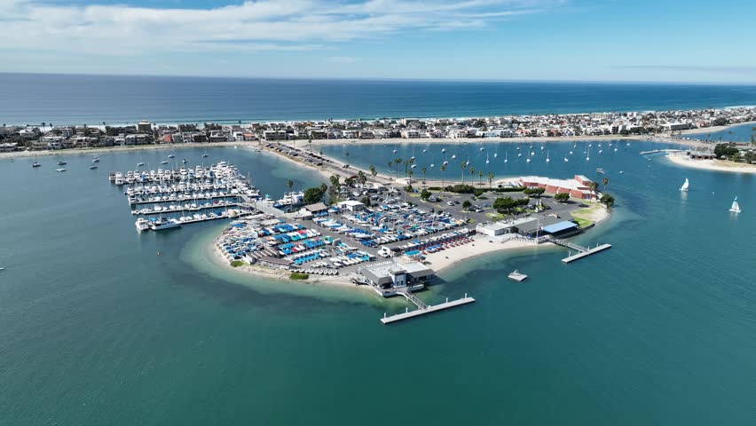 Mission Bay At San Diego California United States. Seascape San Diego California. Shore Clouds Beach Sea. Shore Drone View Beach City Panning Wide. Shore Sea Ocean Bay. San Diego California.