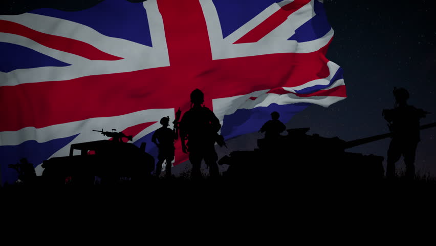 Silhouette of a Group of Soldiers and the United Kingdom Flag Waving in the Background. Looped.