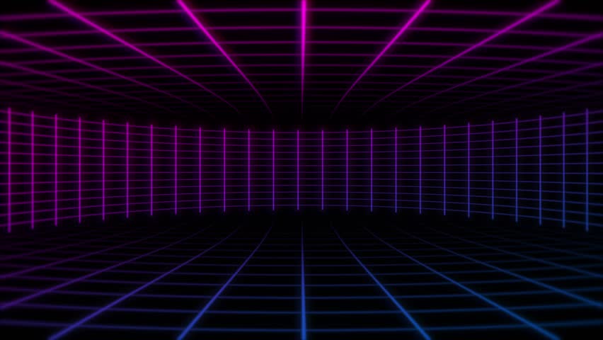 Flying through glowing neon grid retro style games lines creating a tunnel , blue ultraviolet pink violet spectrum, 
fluorescent ultraviolet light, modern colorful lighting, seamless loop cg animation | Shutterstock HD Video #1111959649