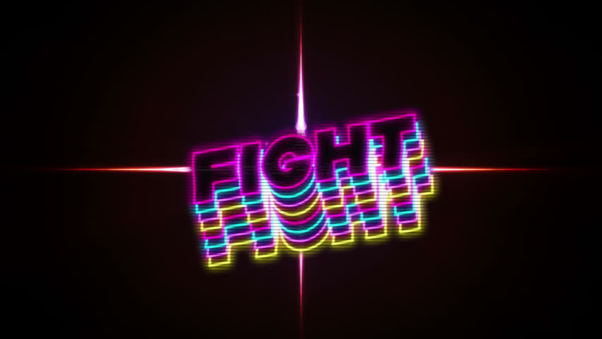 Animation of multicolored fight text and abstract light pattern over black background. Digitally generated, hologram, illustration, combat, conflict, video game and technology concept. - Powered by Shutterstock - Get 15% off with code: PIKWIZARD15