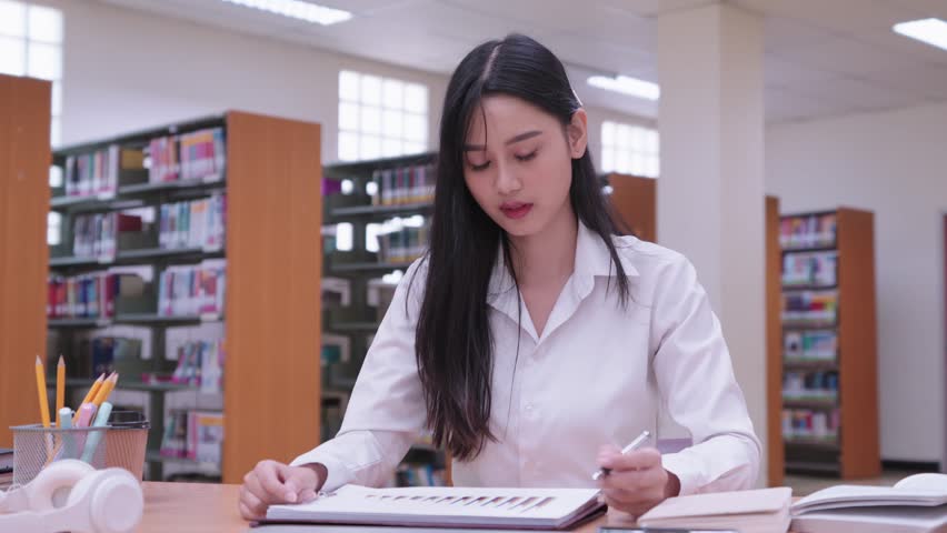 Young Asian female university students are reading study materials, researching lessons, and feeling frustrated in the university library due to difficulties in understanding the coursework