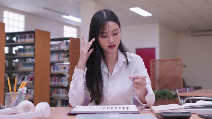 Young Asian female university students are reading study materials, researching lessons, and feeling frustrated in the university library due to difficulties in understanding the coursework | Shutterstock HD Video #1111962095