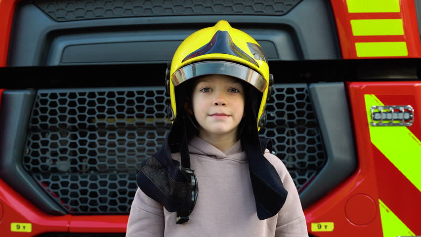 Cute boy, child dressed in fire fighters helmet in a fire station with fire truck. Childs dream