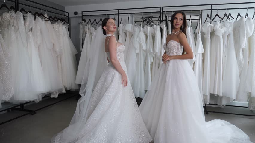 Portrait of two gorgeous young women in wedding dresses in a wedding salon, they are trying on dresses and a veil. There are a lot of dresses on hangers in the background. Wedding showroom. Royalty-Free Stock Footage #1111972449