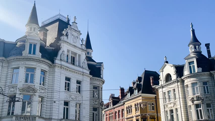 Grand architecture in historical part of the city of Antwerp, Belgium on a sunny day, slow motion video