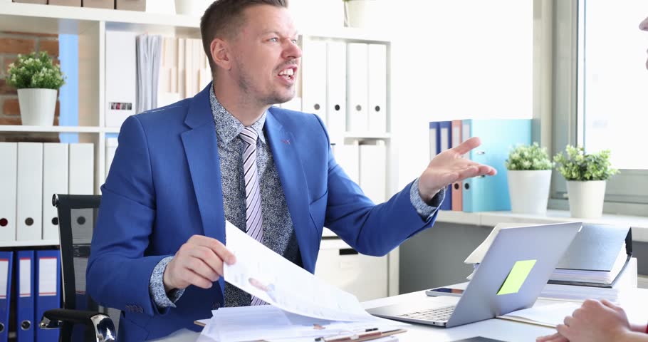 Businessman yelling at employee and showing in resume for employment 4k movie slow motion. Recruitment difficulties concept | Shutterstock HD Video #1111976001