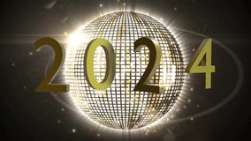 Animation of 2024 mirror ball and shooting star on black background. New year, new year's eve, party, celebration and tradition concept digitally generated video.